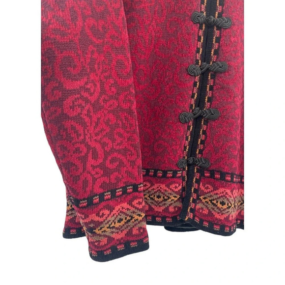 Icelandic Designs Sweater Floral Women Size Large Red Wool Blend Cardigan Lined - Picture 5 of 16
